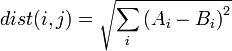 dist(i,j) = \sqrt{ \sum_i { \left( A_i - B_i \right)^2 } }