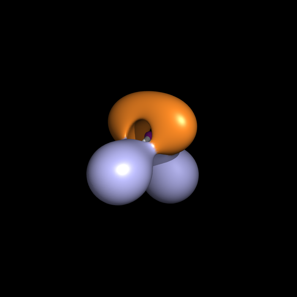Localization domains of H2O. The bounding isosurface is ELF=0.8