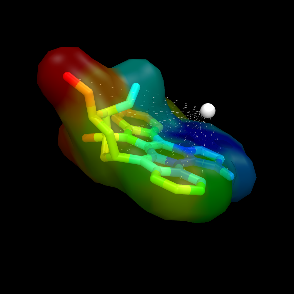 Ligand surface colored by distance from some given atom. The remainder of the protein is hidden to more clearly visualize the calculated distances and surface color