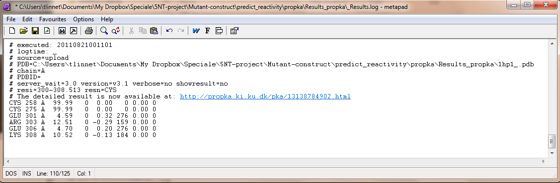 An appending logfile ./Results_propka/_Results.log saves the input commands and the result for the residues specified with resi= and resn=