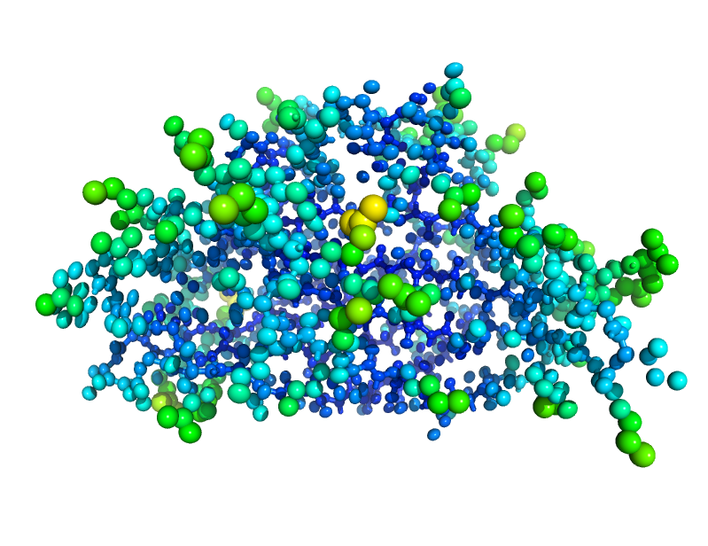 Showing ellipsoids and main chain as sticks.