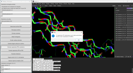 Detected PPII segments colored by selection (example structure).